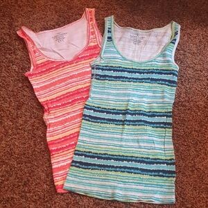 Faded Glory Striped Scoop Neck Tank Tops - Coral Pink & Aqua Blue (2-Pack)